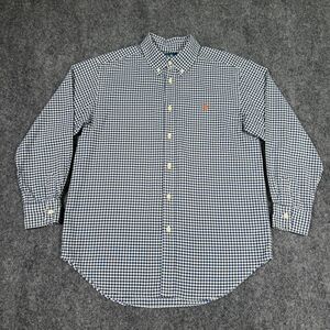 Ralph Lauren Youth L Shirt Long Sleeve Button Blue Gingham Checks Orange Pony